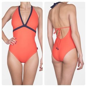 SHAN Coral One-Piece Swimsuit with Navy Trim